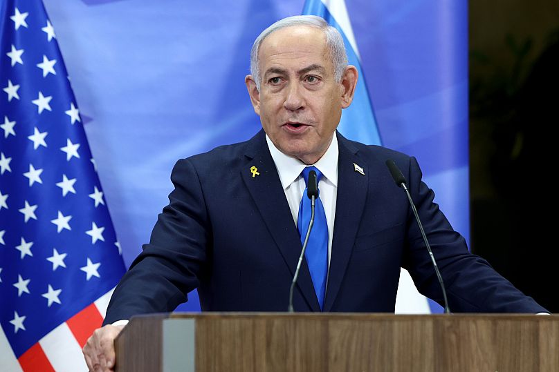رئيس الوزراء الإسرائيلي بنيامين نتنياهو خلال مؤتمر صحفي في القدس، إسرائيل، الأحد، 16 فبراير/شباط 2025