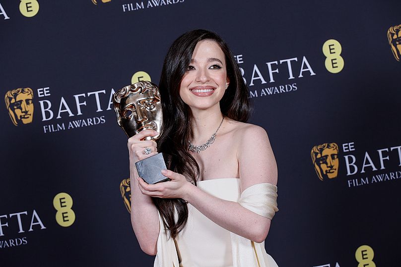 Mikey Madison poses with the leading actress award for 'Anora' at the 78th British Academy Film Awards, BAFTA's