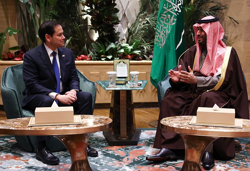 US Secretary of State Marco Rubio, left, meets with Saudi Arabia's Crown Prince Mohammed bin Salman in Riyadh, 17 February, 2025