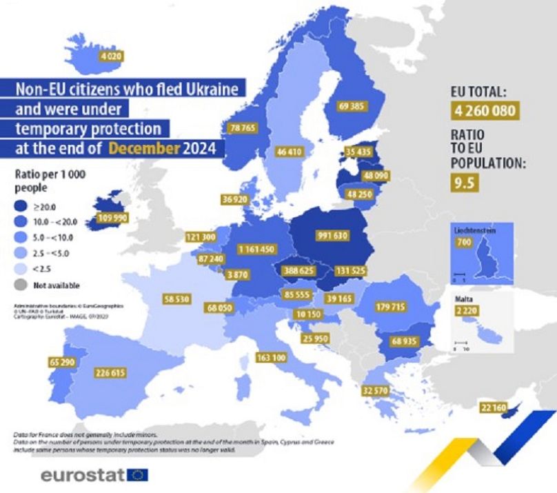 Ideiglenes védelemben részesülők száma és aránya az uniós országokban: minél sötétett a kék, annál nagyobb az ukránok aránya a lakosságszámhoz képest