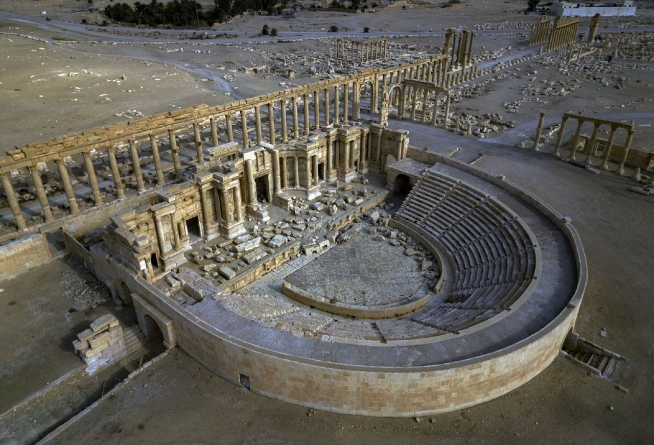 An aerial view shows a section of the ancient city of Palmyra, Syria.