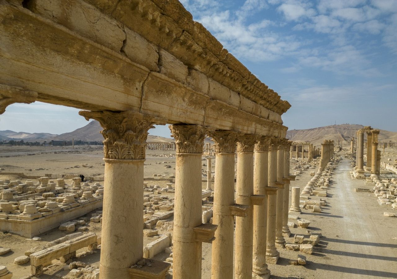 An aerial view shows sections of the columns in the ancient city of Palmyra, Syria.