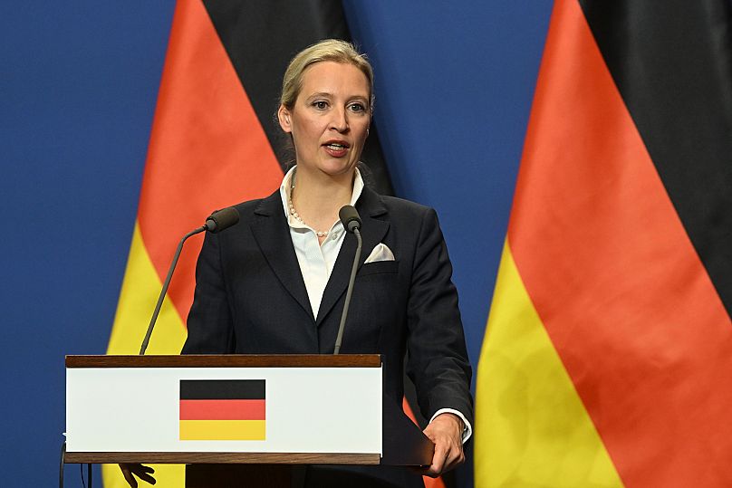 Alice Weidel, candidate à la chancellerie du parti Alternative pour l'Allemagne (AfD), après une réunion avec Viktor Orbán à Budapest, en Hongrie, le mercredi 12 février 2025