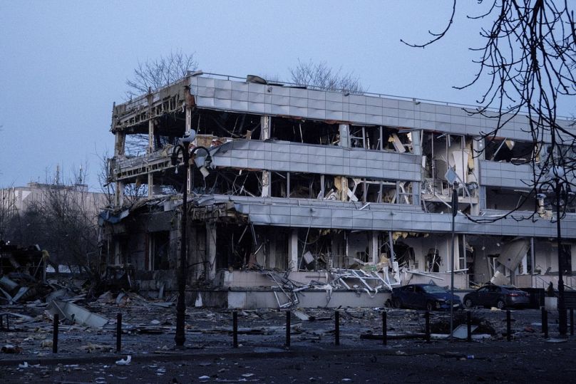 The office building is seen destroyed after a Russian attack, which injured multiple people in Kyiv, Ukraine, Wednesday 12 February 2025. 