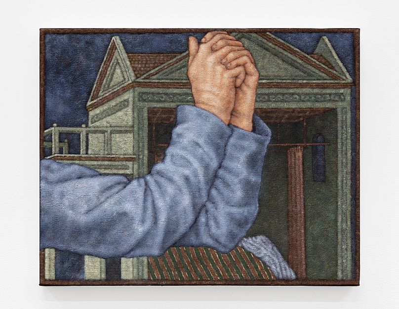 Jennifer Carvalho (b. 1980) An archive of gestures (hands and architecture with domestic interior), 2024 Oil on canvas 16 x 20 in.