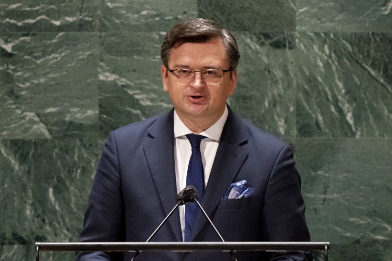 Ukrainian Foreign Minister Dmytro Kuleba speaks at the general assembly hall, Wednesday, Feb. 23, 2022, at United Nations Headquarters.