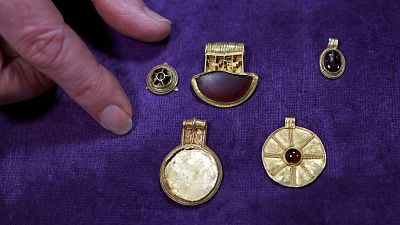 Early medieval gold and garnet grave assemblage dating to the 7th century, is displayed at the British Museum's annual treasure launch in London