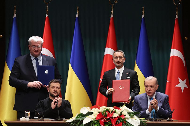 Erdogan and Zelenskyy attend a bilateral signing agreement ceremony at the presidential palace in Ankara.