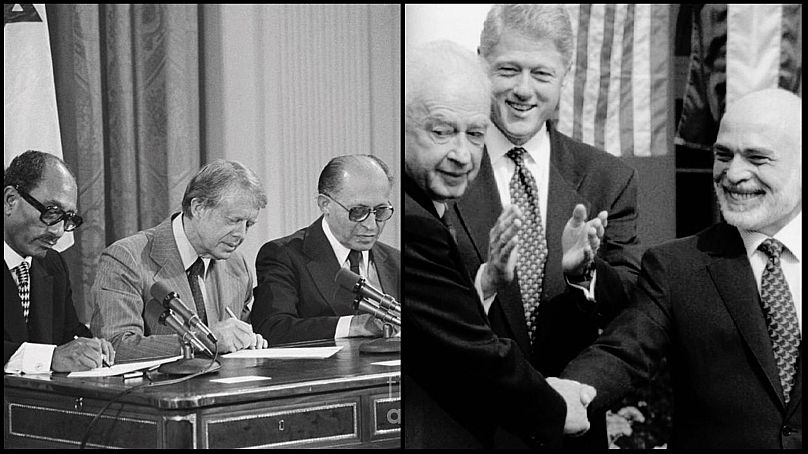Izraeli-arab békék - (1) Anvár Szadat, Jimmy Carter, Menáchem Begin (2) Jitzák Rabin, Bill Clinton és Huszein király