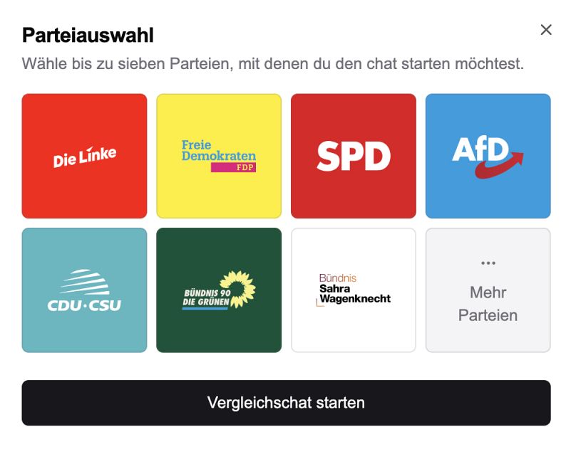 Die Parteiauswahl für den KI-Wahlchat.