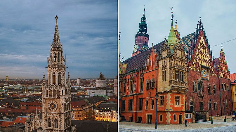 À gauche : Marienplatz à Munich, Allemagne. A droite : Wroclaw, Pologne.