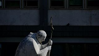 A statue of Pope John Paul II is seen in front of the Agostino Gemelli Polyclinic, in Rome, 18 February 2025