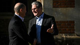 UK Prime Minister Keir Starmer welcomes Germany's Chancellor Olaf Scholz at the Chequers, in Aylesbury, 2 February 2025