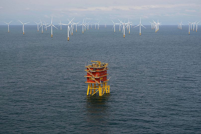 FILE: The Modular Offshore Grid with wind turbines as a background in the North Sea off of the Belgian coast, September 2019