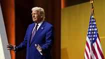 President Donald arrives to speak at the Republican Governors Association meeting at the National Building Museum in Washington, Thursday, Feb. 20, 2025.  