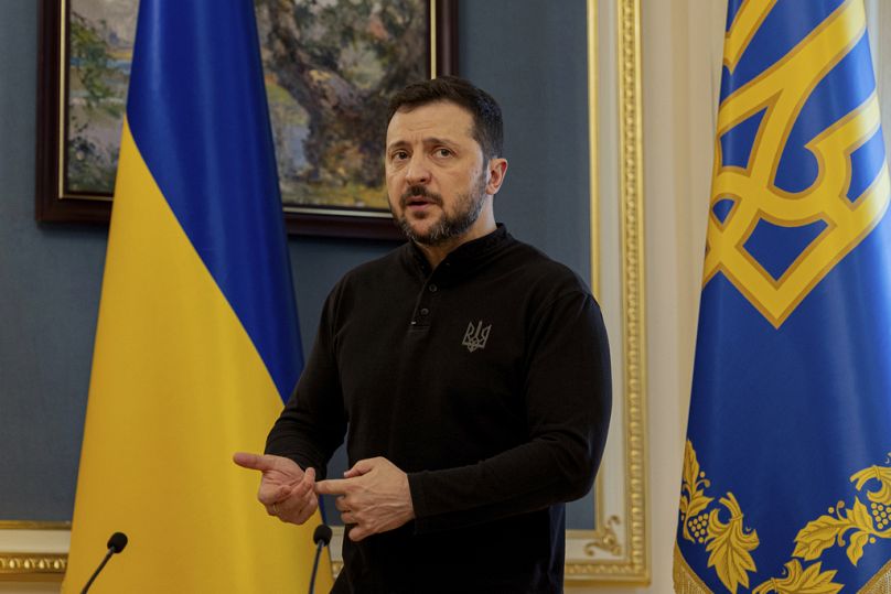 Prezydent Ukrainy Wołodymyr Zełenski odbywa konferencję prasową w Kijowie, w środę, 19 lutego 2025 roku.
