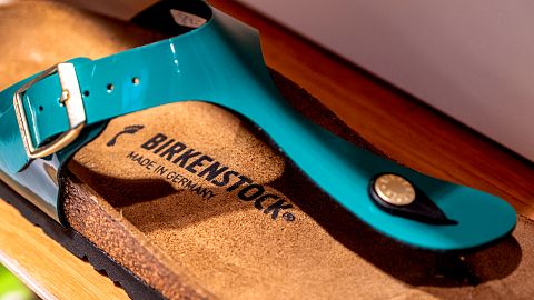 A Birkenstock sandal is pictured in Birkenstock store in Frankfurt, Germany, Oct. 4, 2023.