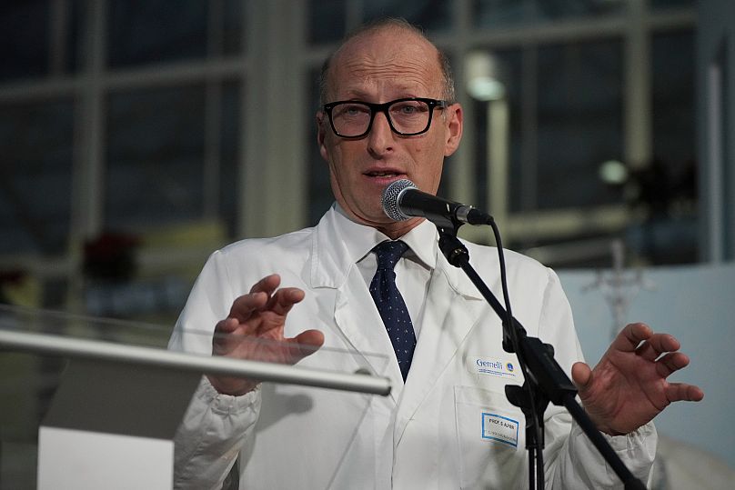 Surgeon Sergio Alfieri speaks to journalists in the entrance hall of Rome's Gemelli Hospital, 21 February, 2025 