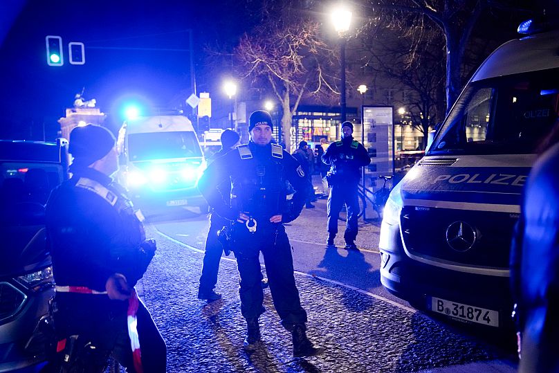 Police officers attend the scene at the Holocaust memorial after a man was attacked at the memorial site in Berlin, 21 February, 2025