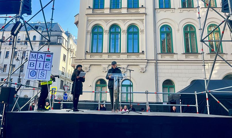 Mikael Sjoeberg, az Európai Bírói Egyesület (EAJ) elnöke beszédet mond az Igazságügyi Minisztréium előtt  - Budapest, 2025. február 22. 