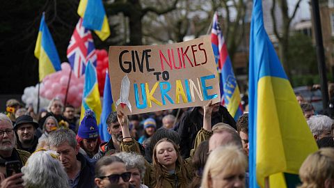 People march from the St Volodymyr Statue to the Russian Embassy in London to mark the upcoming three year anniversary of the Russian invasion of Ukraine, 22 February, 2025