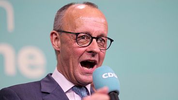 Friedrich Merz, the candidate of the mainstream centre-right Christian Democratic Union party, addresses his supporters in Berlin, 23 February 2025