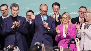 Friedrich Merz, CDU candidate, addresses supporters at party headquarters in Berlin after the German national election, Feb. 23, 2025.