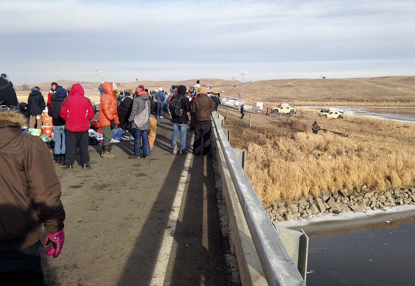 Protesters against the Dakota Access oil pipeline congregate, 21 November 2016.