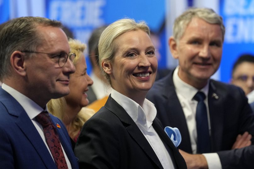 Liderka prawicowej partii AfD Alice Weidel ma powody do zadowolenia, jej partia osiągnęła rekordowy wynik wyborczy, 2025 r.
