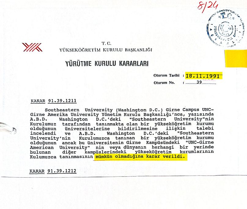 1991 tarihli YÖK'ün Kıbrıs'taki üniversiteyi tanımama kararı