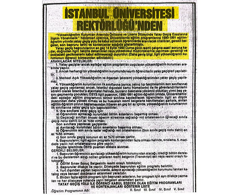 İstanbul Üniversitesi'nin yatay geçiş ilanı