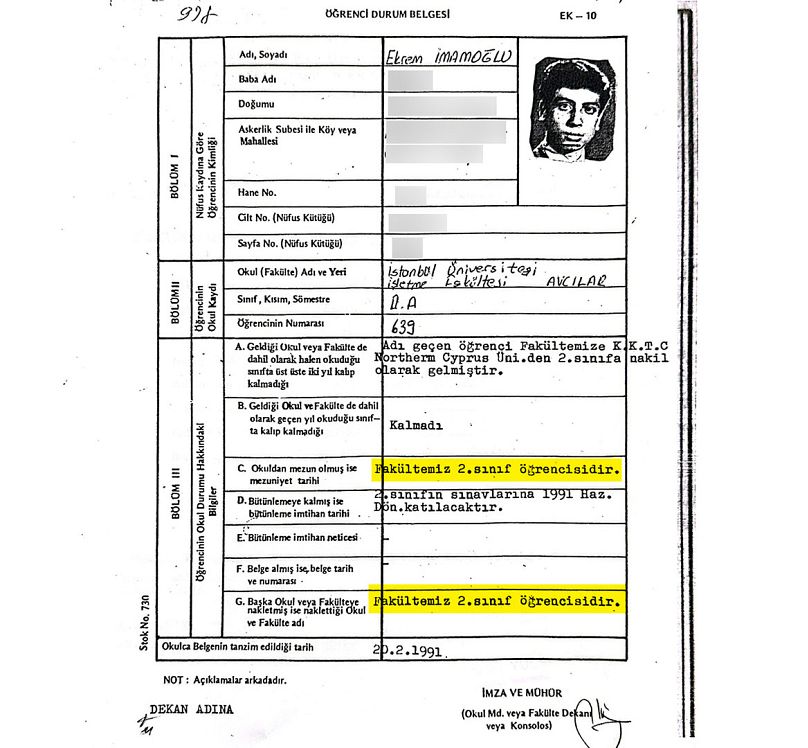 Ekrem İmamoğlu'nun İstanbul Üniversitesi'nde öğrenci olduğuna dair belge