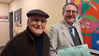 Former forced labour worker 102-year-old Albert Corrier and his lawyer Michel Pautot. 