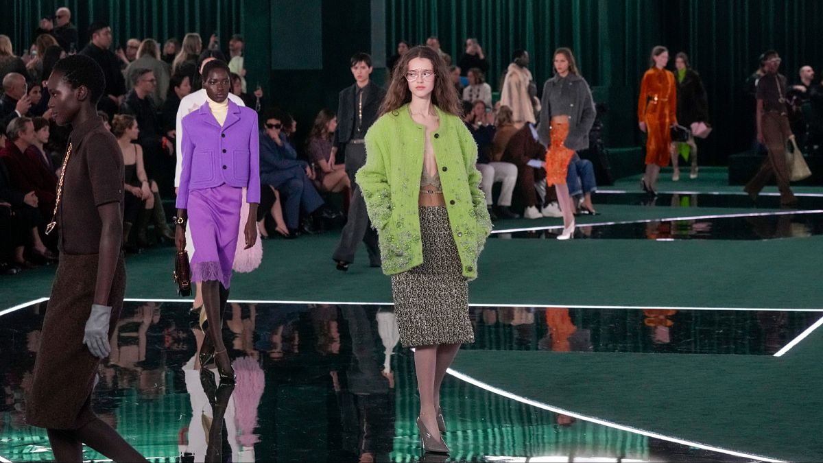 A model wears a creation as part of the Gucci Fall/Winter 2025-2026 men's and women's collection, presented in Milan. 