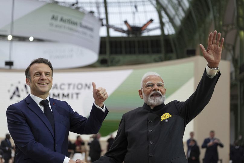 Frankreichs Präsident Emmanuel Macron und der indische Ministerpräsident Narendra Modi beim Aktionsgipgel zu KI, Paris, Frankreich, 11. Februar 2025.