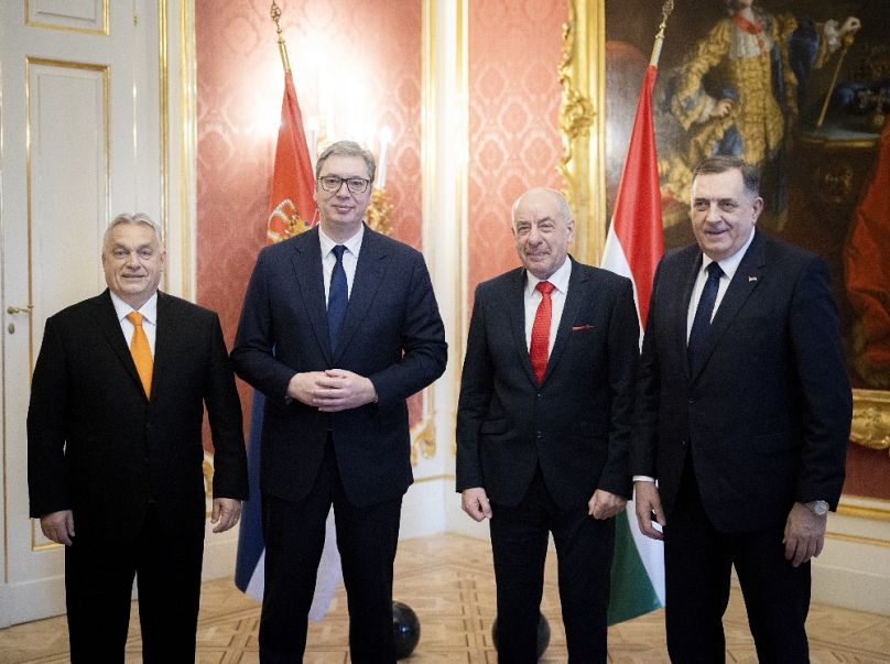 Orbán Viktor, Aleksandar Vučić, Sulyok Tamás és Milorad Dodik a Sándor-palotában 2025. február 17-én