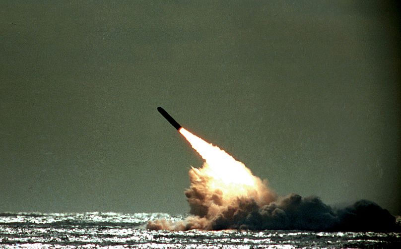 A Trident II missile of the type used in Britain's submarine-based nuclear deterrent.