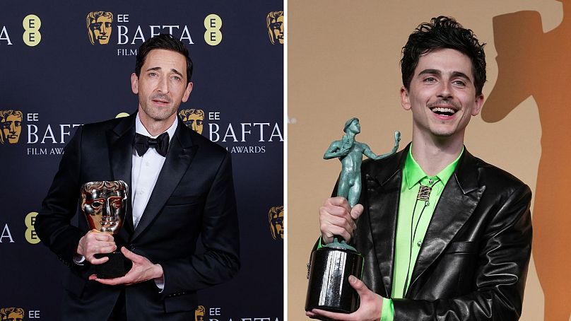 Adrien Brody (left) with his 2025 BAFTA - Timothée Chalamet with his 2025 SAG Award