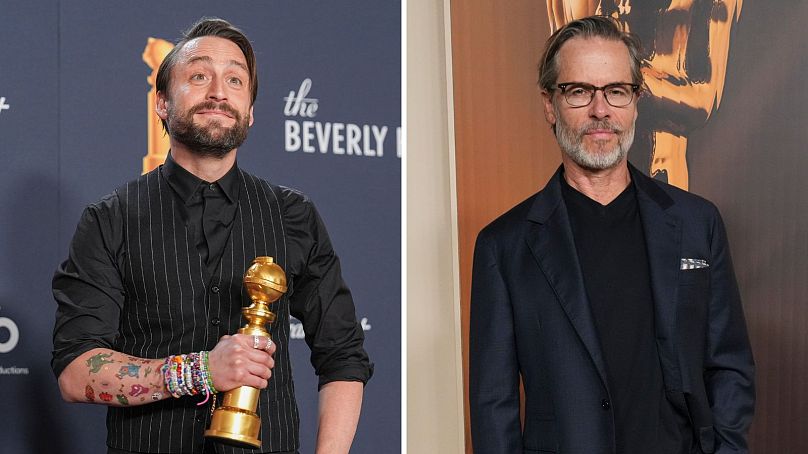 Kieran Culkin (left) with his 2025 Golden Globe - Guy Pearce