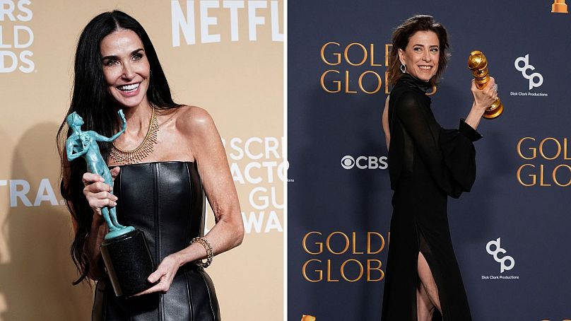 Demi Moore (left) with her 2025 SAG Award - Fernanda Torres with her 2025 Golden Globe