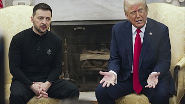 President Donald Trump, right, meets with Ukrainian President Volodymyr Zelenskyy in the Oval Office at the White House, Friday, Feb. 28, 2025, in Washington