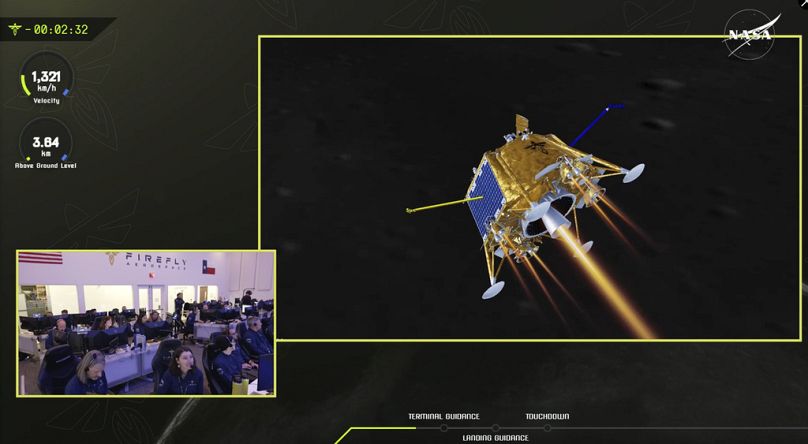Módulo lunar privado Blue Ghost aterra na Lua, 2 de março de 2025. (NASA/Firefly Aerospace via AP)