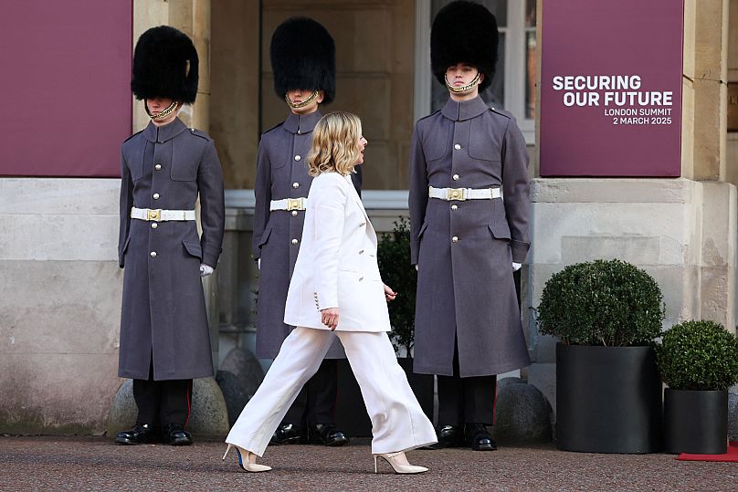 Italian Prime Minister Giorgia Meloni arrives for the European leaders' summit to discuss Ukraine at Lancaster House in London, 2 March, 2025