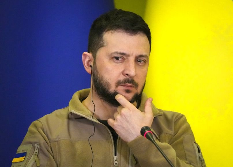 Ukrainian President Volodymyr Zelenskyy attends a news conference with European Council President, Charles Michel after their meeting in Kyiv, Ukraine.