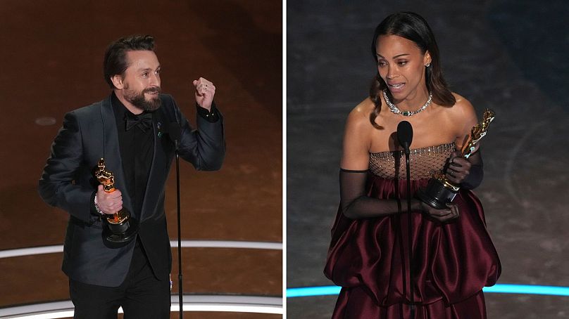 En İyi Yardımcı Erkek Oyuncu ödülünü kazanan Kieran Culkin ve En İyi Yardımcı Kadın Oyuncu ödülünü kazanan Zoe Saldana.