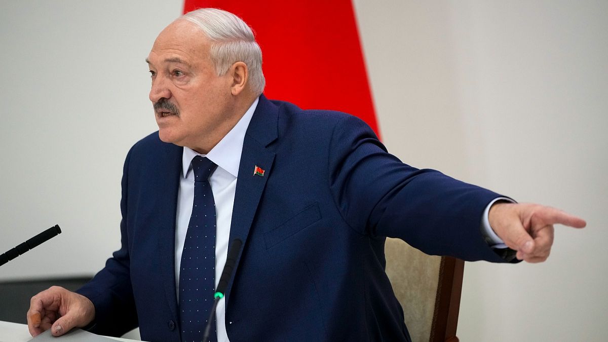 FILE - Belarusian President Alexander Lukashenko gestures while speaking to the media after voting in a presidential election in Minsk, 26 January 2025
