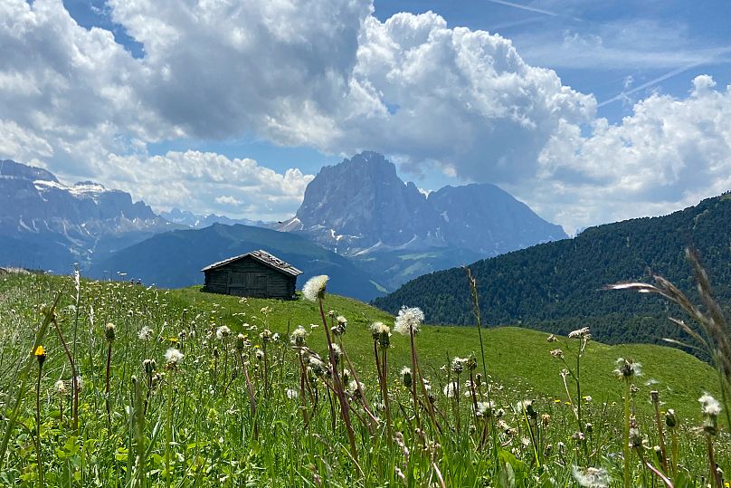 Des nuages couvrent le Langkofel, une montagne des Dolomites située à 3181 mètres d'altitude, près d'Ortisei Val Gardena dans la province italienne du Tyrol du Sud