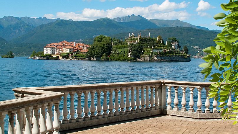Overlooking the waters and the small island Isola Bella from a terrace in Stresa, Lake Maggiore 