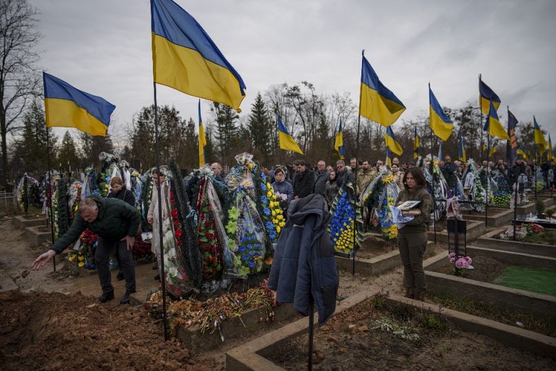 Egy ukrán tiszt temetése Bojarkában, 2024 márciusában