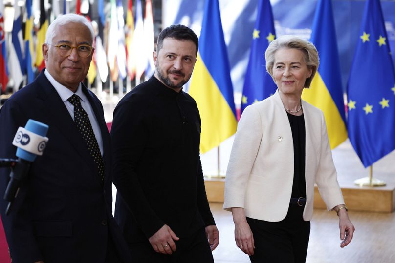 António Costa con Volodímir Zelenski y Ursula von der Leyen